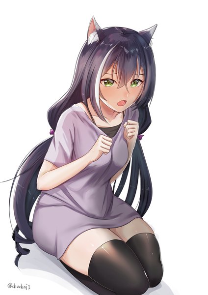 Anime picture 1240x1754 with princess connect! re:dive princess connect! karyl (princess connect!) shogun (a96040021) single long hair tall image looking at viewer blush fringe breasts open mouth black hair simple background hair between eyes white background sitting twintails green eyes signed