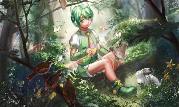Anime picture 1000x600 with vocaloid ryuto (vocaloid) yamakawa umi single fringe short hair hair between eyes wide image sitting green eyes looking away full body green hair puffy sleeves magic boy plant (plants) detached sleeves animal tree (trees)