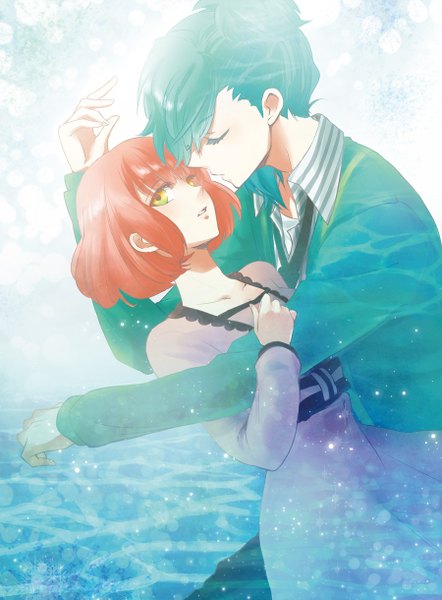 Anime picture 900x1220 with uta no prince-sama a-1 pictures nanami haruka (uta no prince-sama) mikaze ai tall image short hair yellow eyes eyes closed profile orange hair aqua hair couple hug face to face almost kiss girl dress boy shirt water