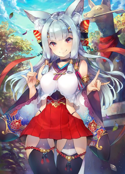 Anime picture 888x1240 with original deecha single long hair tall image looking at viewer blush fringe light erotic smile red eyes standing animal ears payot silver hair cloud (clouds) blunt bangs traditional clothes head tilt japanese clothes