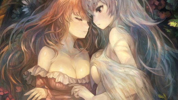 Anime picture 1920x1080 with yoru no nai kuni gust (company) arnas (yoru no nai kuni) lyuritis (yoru no nai kuni) yoshiku (oden-usagi) long hair blush fringe highres breasts light erotic red eyes wide image large breasts bare shoulders multiple girls brown eyes cleavage silver hair lying