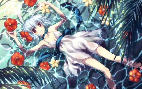 Anime picture 3840x2400 with dj max dj max portable studio sdt yuuki tatsuya blush highres red eyes wide image animal ears blue hair bunny ears wet clothes dress flower (flowers) water