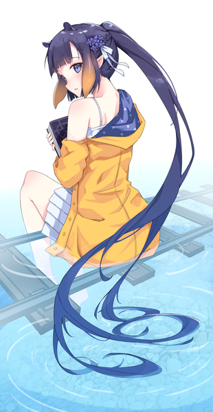 Anime picture 1200x2319 with virtual youtuber hololive hololive english ninomae ina'nis profnote single tall image fringe blue eyes black hair sitting animal ears full body ponytail blunt bangs very long hair hair flower pointy ears from behind off shoulder