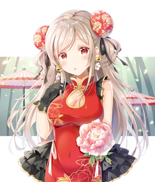 Anime picture 3493x4092 with original shiro kuma shake single long hair tall image looking at viewer blush fringe highres breasts open mouth simple background red eyes standing white background holding absurdres cleavage silver hair traditional clothes