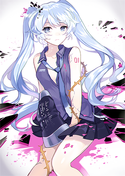 Anime picture 643x908 with vocaloid ghost rule (vocaloid) hatsune miku apring single long hair tall image fringe blue eyes light erotic white background twintails bare shoulders blue hair looking away silver hair pleated skirt bare legs sleeveless knees touching