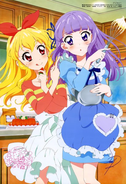 Anime picture 4077x5954 with aikatsu! hoshimiya ichigo hikami sumire long hair tall image looking at viewer blush highres blonde hair smile red eyes purple eyes multiple girls absurdres purple hair scan official art girl dress 2 girls