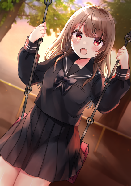 Anime picture 1300x1839 with original minami saki single long hair tall image looking at viewer blush fringe open mouth smile hair between eyes red eyes brown hair holding outdoors long sleeves :d pleated skirt blurry arms up