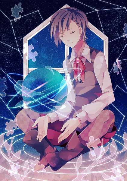 Anime picture 1000x1422 with original achiki single tall image short hair brown hair sitting eyes closed boy shirt shorts boots vest planet puzzle
