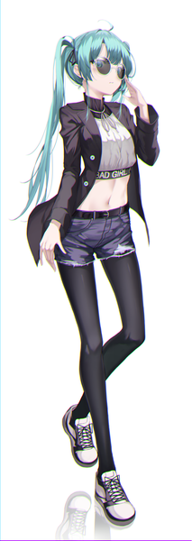 Anime picture 3197x9000 with vocaloid hatsune miku apple ringo single long hair tall image looking at viewer fringe highres simple background standing twintails payot absurdres full body ahoge long sleeves arm up aqua eyes aqua hair