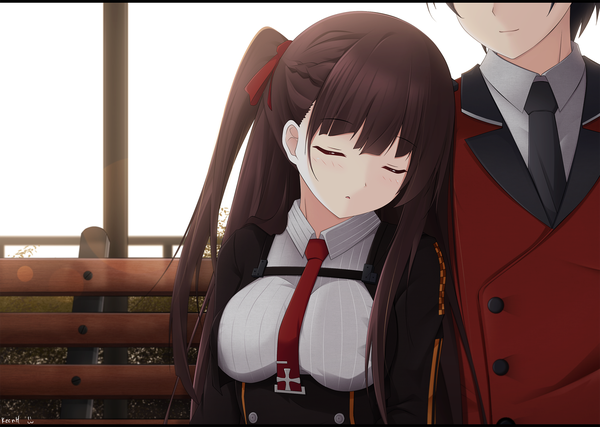 Anime picture 2000x1424 with girls frontline wa2000 (girls frontline) commander (girls frontline) keenh long hair blush fringe highres breasts black hair brown hair upper body eyes closed parted lips head tilt one side up letterboxed solo focus sleeping head out of frame