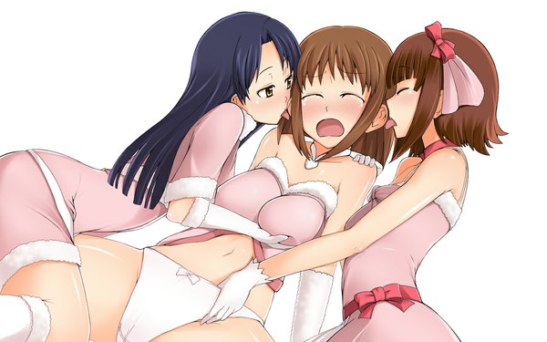 Anime picture 1024x640 with idolmaster kisaragi chihaya amami haruka hagiwara yukiho kazuto san long hair blush short hair breasts light erotic wide image large breasts multiple girls eyes closed spread legs tears breast grab shoujo ai licking cute & girly (idolmaster)