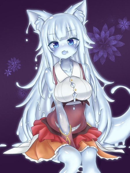 Anime picture 1620x2160 with original curss single long hair tall image looking at viewer breasts open mouth blue eyes large breasts sitting animal ears silver hair tail animal tail sleeveless fox ears fox tail purple background monster girl