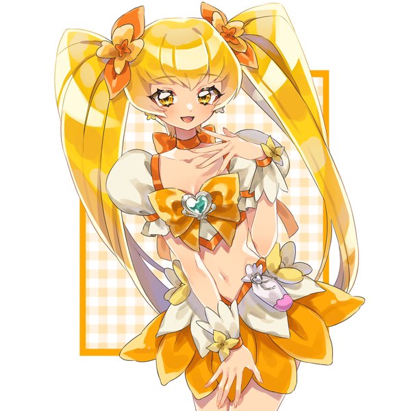 Anime picture 3464x3464 with precure heartcatch precure! toei animation myoudouin itsuki cure sunshine minaramuda single long hair looking at viewer fringe highres open mouth blonde hair twintails yellow eyes absurdres :d midriff border outside border