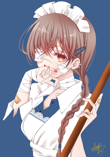 Anime picture 1000x1417 with original sheepd single long hair tall image simple background red eyes brown hair signed braid (braids) maid piercing single braid ear piercing blue background covered mouth blood on face bandaid on face bleeding nosebleed