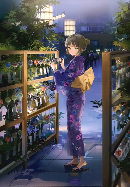 Anime picture 2406x3464 with original anmi single tall image looking at viewer fringe highres short hair black hair smile standing holding green eyes full body outdoors blunt bangs traditional clothes japanese clothes scan night