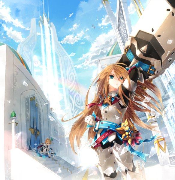 Anime picture 1467x1510 with elsword chung (elsword) malmaron long hair tall image short hair blue eyes blonde hair standing sitting looking away sky cloud (clouds) sunlight looking up sunbeam girl boy uniform weapon