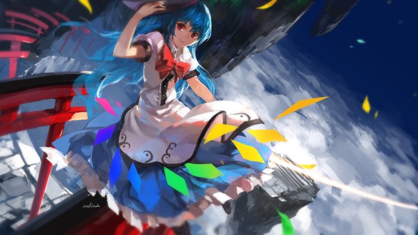 Anime picture 1701x957 with touhou hinanawi tenshi swd3e2 single long hair looking at viewer highres smile red eyes wide image blue hair sky cloud (clouds) wind girl dress hat bowtie torii