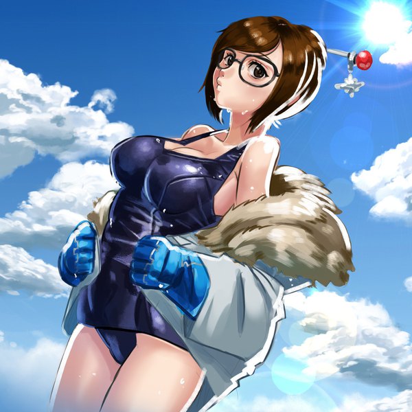 Anime picture 2000x2000 with overwatch blizzard entertainment mei (overwatch) tanukimaso single looking at viewer highres breasts light erotic brown hair large breasts bare shoulders brown eyes sky cloud (clouds) from below wet hair bun (hair buns) dutch angle fur trim
