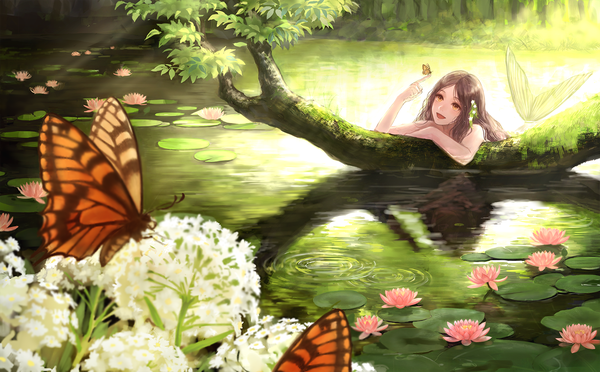 Anime picture 1600x992 with original romiy single long hair open mouth smile brown hair wide image brown eyes looking away :d nude sunlight shadow reflection scenic nature lake butterfly on hand girl