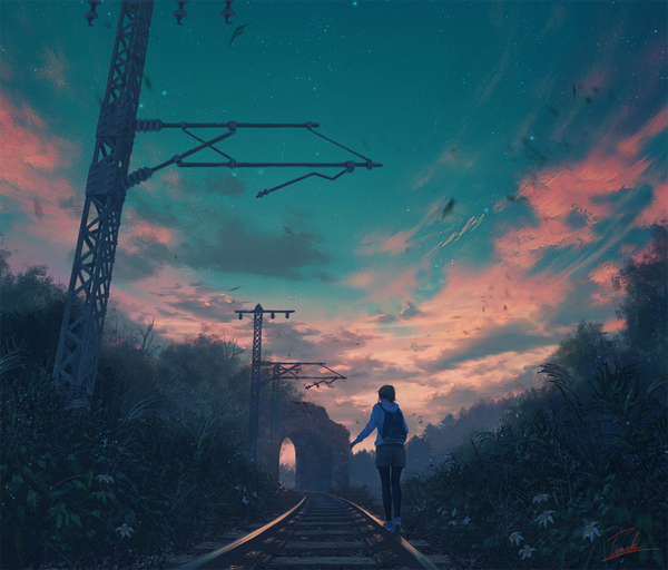 Anime picture 1170x1000 with original tamaki (tamaki illust) single short hair cloud (clouds) full body ponytail from behind night from below night sky evening sunset walking revision girl plant (plants) shorts hood leaf (leaves)