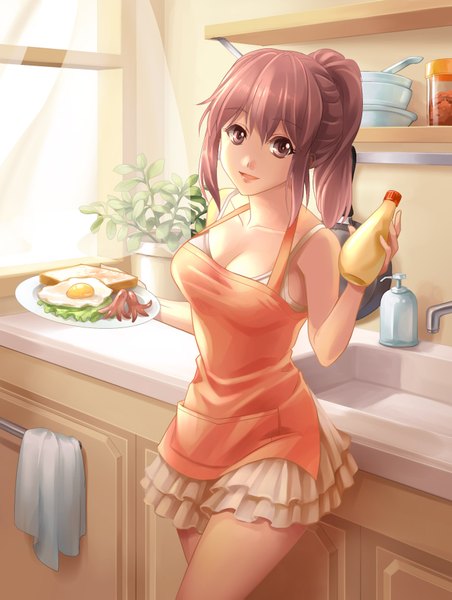 Anime picture 1350x1791 with original chocofox single long hair tall image looking at viewer fringe open mouth brown hair standing bare shoulders holding brown eyes cleavage indoors sunlight happy girl dress skirt