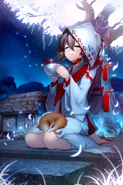 Anime picture 740x1110 with original rheez (artist) long hair tall image black hair eyes closed traditional clothes japanese clothes constellation girl plant (plants) animal petals tree (trees) hood cat