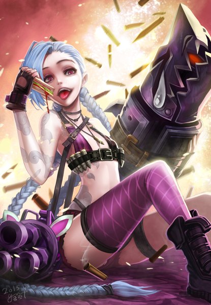Anime picture 1384x2000 with league of legends jinx (league of legends) goomrrat single tall image open mouth light erotic blue hair very long hair pink eyes tattoo girl thighhighs gloves weapon boots tongue fingerless gloves gun fishnet stockings