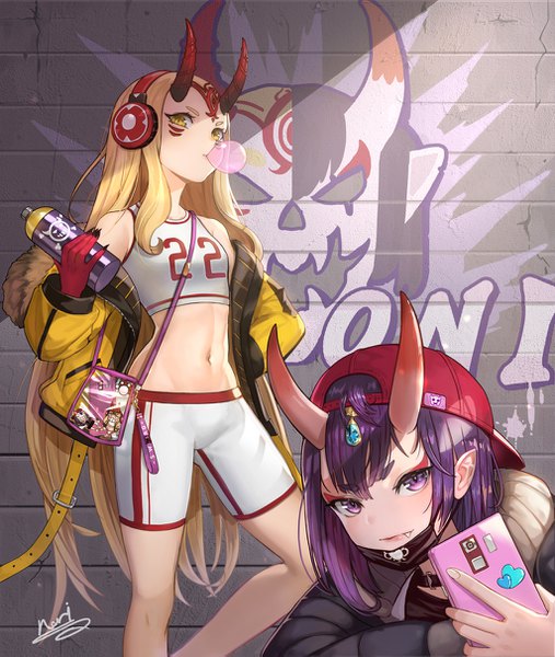 Anime picture 1024x1211 with fate (series) fate/grand order shuten douji (fate) ibaraki douji (fate) deepmaru long hair tall image looking at viewer short hair blonde hair purple eyes multiple girls signed yellow eyes purple hair outdoors horn (horns) pointy ears open jacket midriff