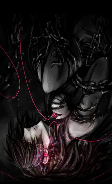 Anime picture 1200x1964 with original yanagi (shyd31) single long hair tall image short hair black hair nail polish profile hair over eyes embryo's pose girl chain wire (wires)