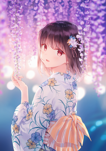 Anime picture 1414x2000 with original hiten (hitenkei) single tall image looking at viewer blush fringe short hair open mouth smile red eyes brown hair standing upper body blunt bangs traditional clothes :d japanese clothes wide sleeves turning head