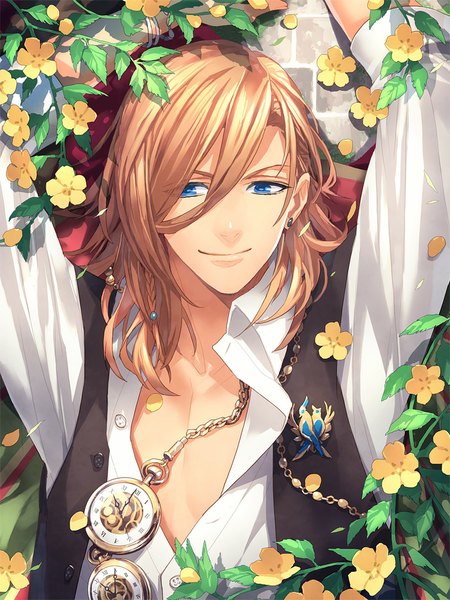 Anime picture 768x1024 with uta no prince-sama a-1 pictures jinguji ren toti (pixiv) single tall image fringe short hair blue eyes blonde hair smile looking away braid (braids) arms up single braid partially open clothes boy flower (flowers) plant (plants) earrings