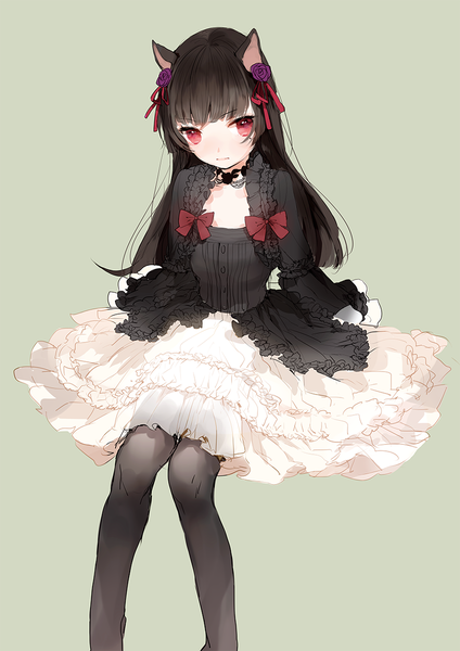 Anime picture 868x1228 with ore no imouto ga konna ni kawaii wake ga nai gokou ruri homa single long hair tall image looking at viewer blush black hair simple background red eyes sitting animal ears cat ears lolita fashion goth-loli green background girl thighhighs skirt