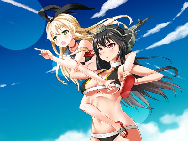 Anime picture 1600x1200 with kantai collection shimakaze destroyer nagato battleship shirihime long hair blush breasts open mouth light erotic black hair blonde hair smile large breasts bare shoulders multiple girls brown eyes green eyes looking away sky cleavage