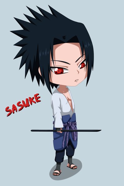 Anime picture 1000x1500 with naruto studio pierrot naruto (series) uchiha sasuke flowerinhell single tall image looking at viewer short hair simple background red eyes blue hair inscription open clothes teeth shadow open shirt character names chibi akatsuki