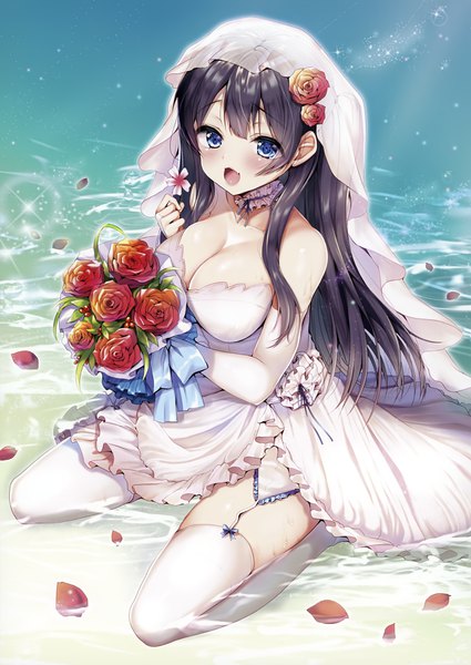 Anime picture 2481x3500 with melonbooks ayuma sayori single long hair tall image looking at viewer blush highres breasts open mouth blue eyes light erotic black hair large breasts sitting bare shoulders payot cleavage full body outdoors