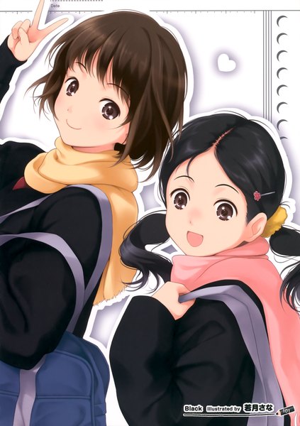 Anime picture 2470x3500 with original wakatsuki sana long hair tall image highres short hair open mouth black hair smile brown hair multiple girls brown eyes victory girl hair ornament 2 girls serafuku scarf bobby pin school bag