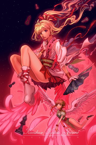 Anime picture 709x1063 with kamikaze kaitou jeanne toei animation kusakabe maron kaitou jeanne finn fish eclosion long hair tall image short hair blonde hair smile red eyes multiple girls signed full body bent knee (knees) ponytail pointy ears copyright name flying