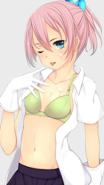Anime-Bild 676x1200 mit kantai collection shiranui destroyer kiyomin single tall image blush short hair blue eyes light erotic simple background pink hair one eye closed wink grey background open clothes open shirt girl skirt gloves navel