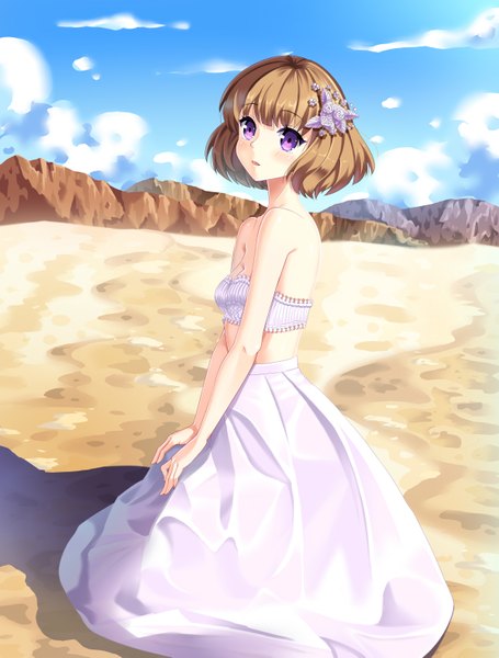 Anime picture 1200x1581 with original totem single tall image looking at viewer short hair brown hair bare shoulders sky purple hair cloud (clouds) shadow girl dress hair ornament sundress