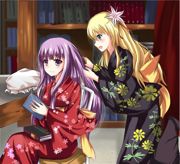 Anime picture 1098x1005 with touhou kirisame marisa patchouli knowledge konka tailam long hair blush open mouth blue eyes blonde hair smile sitting purple eyes multiple girls purple hair traditional clothes japanese clothes wide sleeves alternate costume floral print