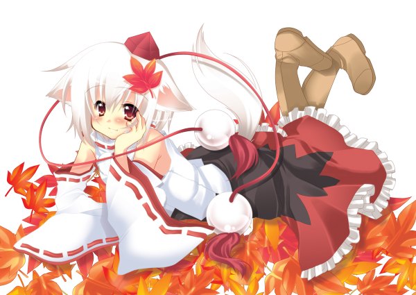 Anime picture 1200x850 with touhou inubashiri momiji hikanyan blush smile red eyes animal ears white hair tail miko girl hat detached sleeves leaf (leaves)