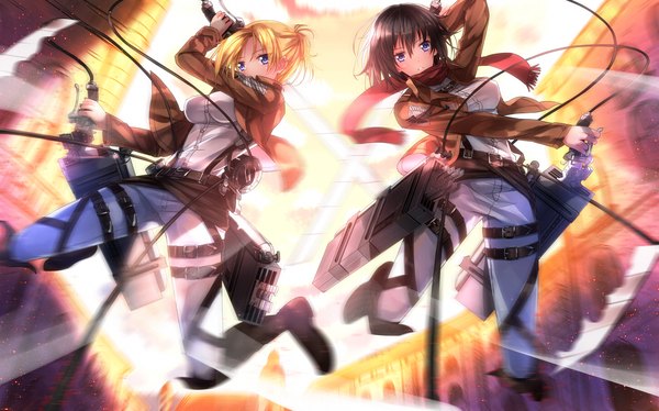 Anime picture 2175x1359 with shingeki no kyojin production i.g mikasa ackerman annie leonhart swordsouls looking at viewer highres short hair blue eyes black hair blonde hair wide image multiple girls holding open clothes open jacket dual wielding girl weapon 2 girls