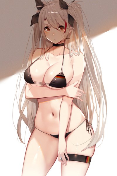 Anime picture 1500x2250 with azur lane prinz eugen (azur lane) prinz eugen (unfading smile) (azur lane) kisui single long hair tall image looking at viewer blush fringe breasts light erotic simple background hair between eyes large breasts standing bare shoulders brown eyes payot silver hair
