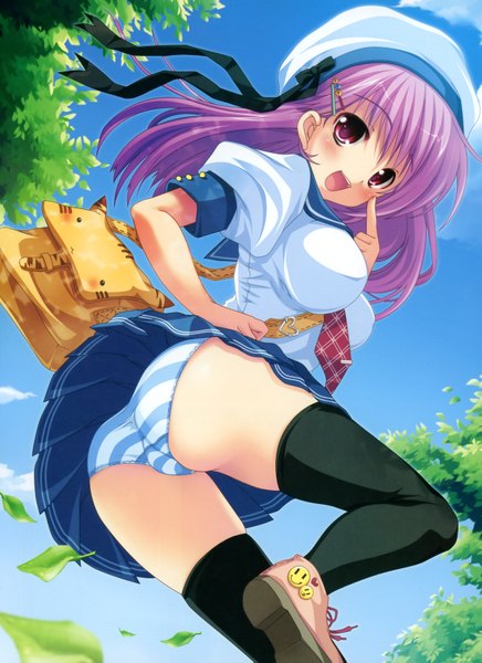 Anime picture 2435x3350 with single tall image highres light erotic purple eyes purple hair ass pantyshot girl thighhighs underwear panties black thighhighs serafuku bag