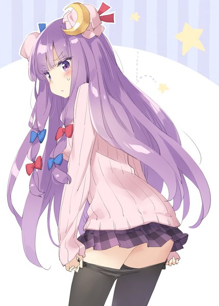 Anime picture 772x1080 with touhou patchouli knowledge peko single long hair tall image blush fringe light erotic purple eyes looking away purple hair blunt bangs hair bun (hair buns) embarrassed alternate costume dressing girl skirt bow