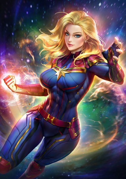 Anime picture 2480x3508 with marvel comics captain marvel carol danvers nudtawut thongmai single long hair tall image looking at viewer blush highres breasts blue eyes blonde hair lips realistic lipstick floating hair watermark fighting stance aura