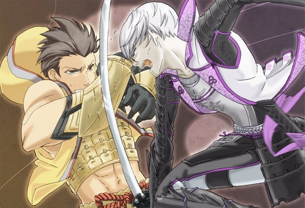 Anime picture 1497x1021 with sengoku basara production i.g mitsunari ishida tokugawa ieyasu kiriha2929 short hair open mouth brown hair brown eyes white hair multiple boys battle boy gloves weapon sword armor katana 2 boys