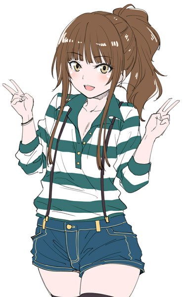 Anime picture 617x1000 with amagami kamizaki risa shouji nigou single long hair tall image looking at viewer blush fringe open mouth simple background brown hair white background brown eyes ponytail victory striped open collar casual girl
