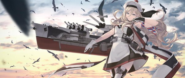 Anime picture 1600x676 with kantai collection richelieu (kantai collection) rokuwata tomoe single long hair looking at viewer fringe blue eyes blonde hair hair between eyes wide image sky outdoors wind girl dress gloves animal white gloves bird (birds)