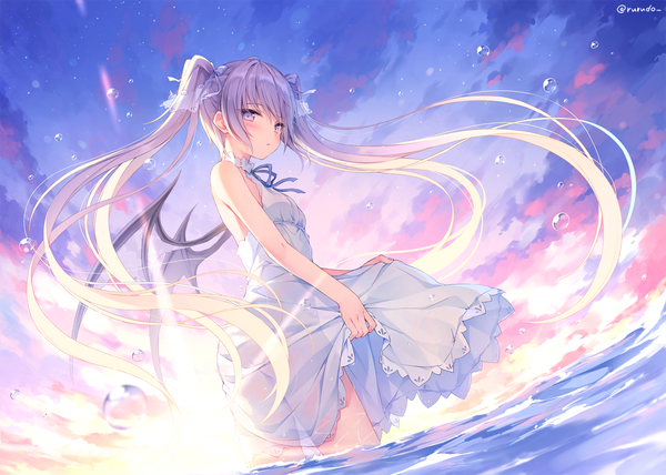 Anime picture 1400x1000 with original rurudo single long hair looking at viewer blush fringe light erotic hair between eyes standing purple eyes twintails signed payot sky purple hair cloud (clouds) parted lips wind sunlight